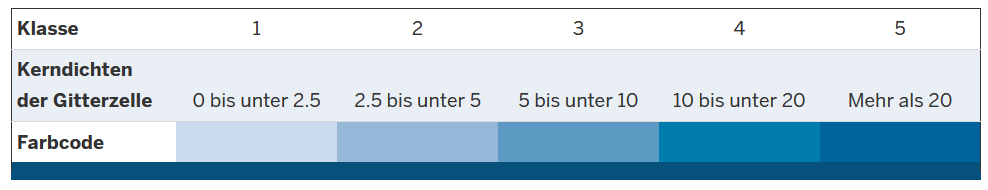 Karte mit verschiedenen Klassen bis 5, der dazugehörigen Kerndichte und dem entsprechenden Farbcode in Blautönen.