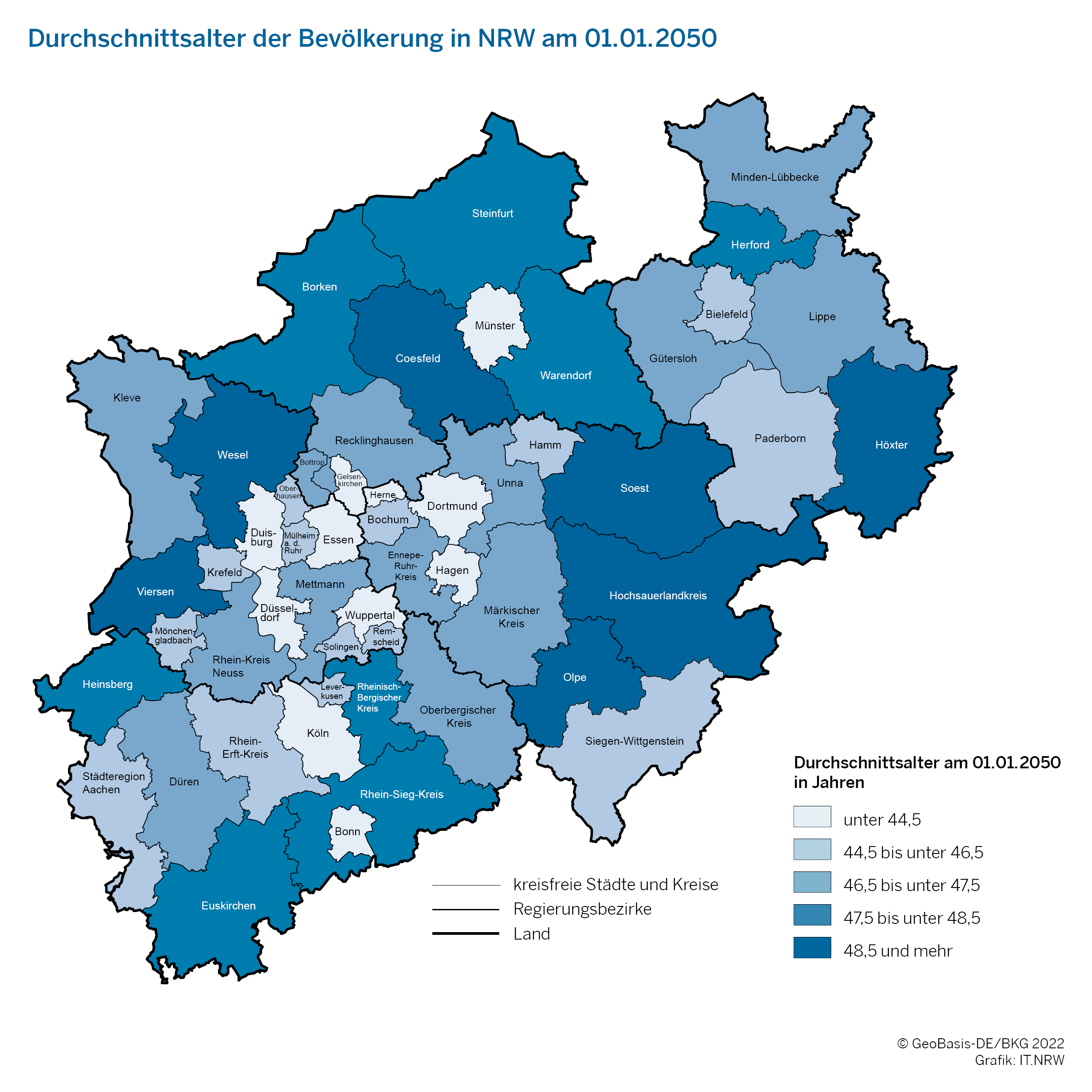 Das Bild zeigt eine Karte zum Durchschnittsalter der Bevölkerung in NRW am 01.01.2050