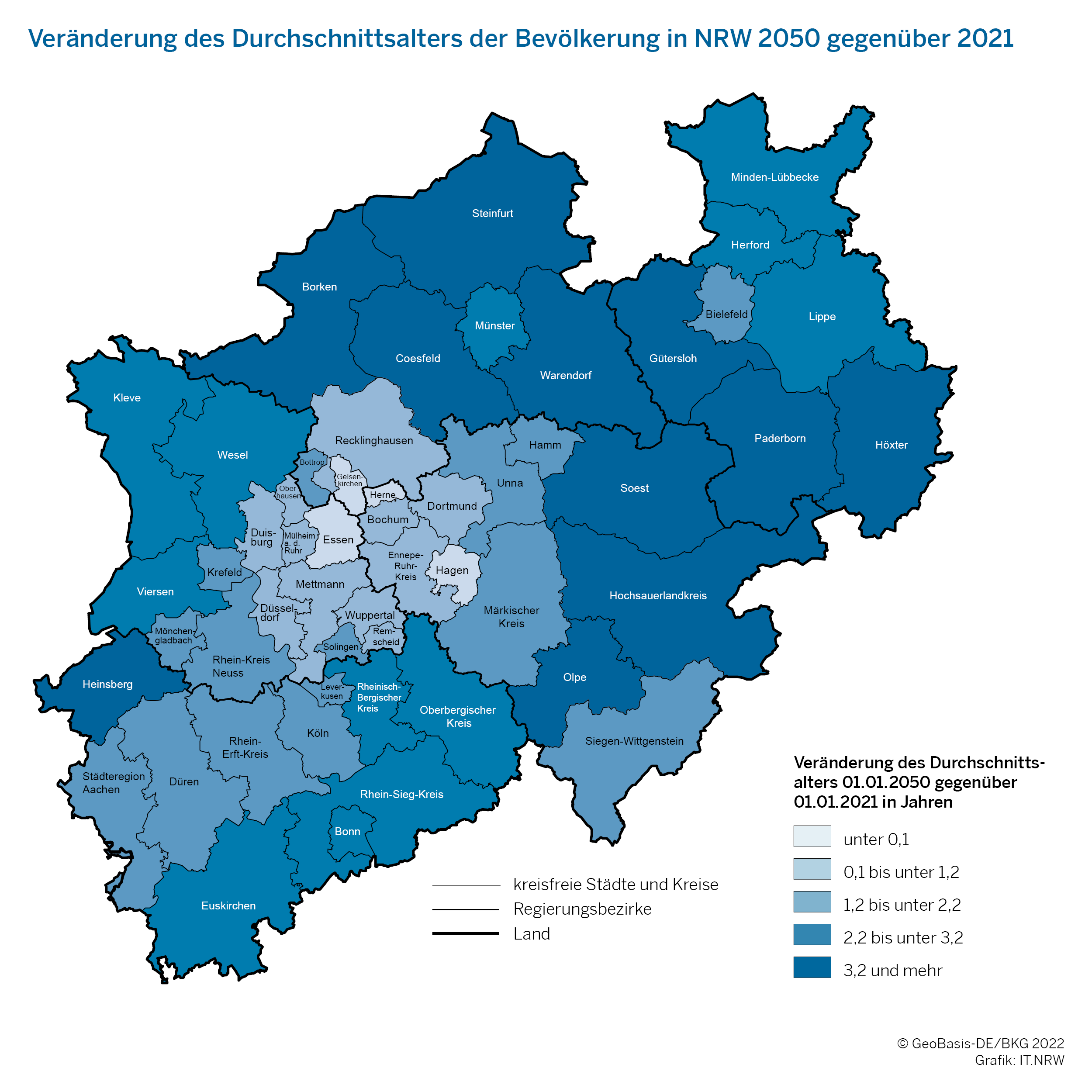 Das Bild zeigt eine Karte zur Veränderung des Durchschnittsalters der Bevölkerung in NRW 2050 gegenüber 2021.