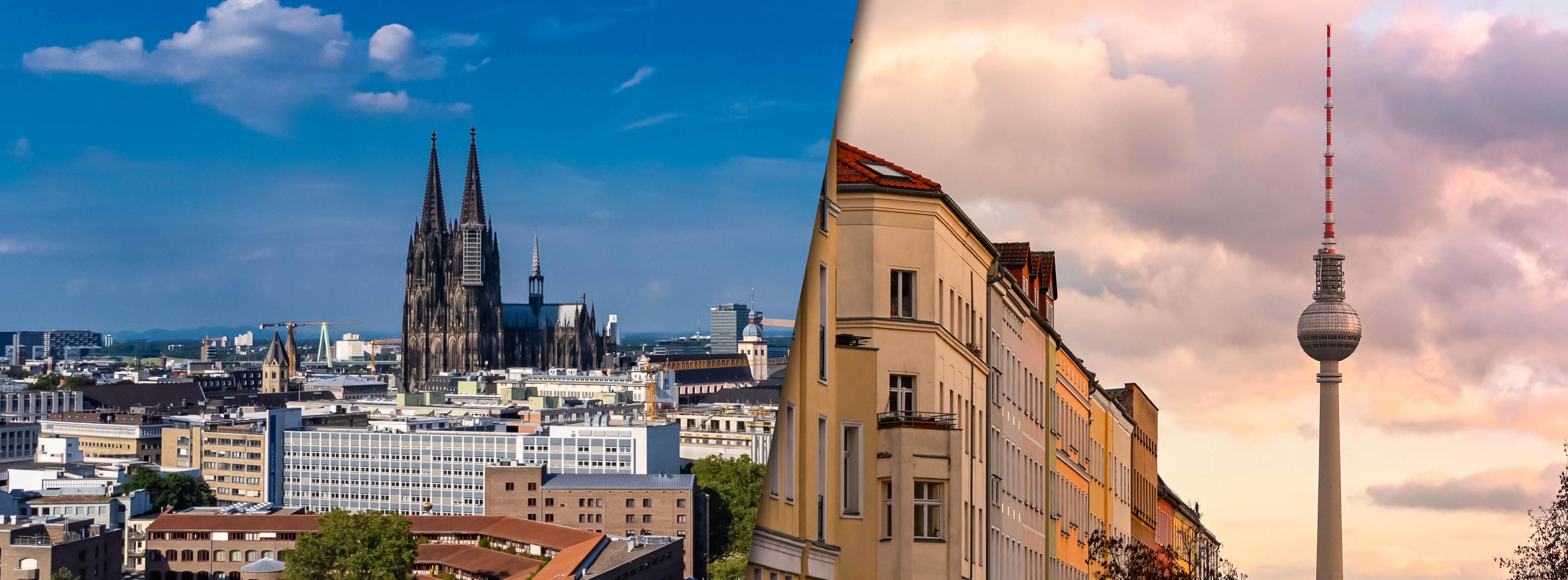 Ein zweigeteiltes Bild. Auf der linken Seite sind der Kölner Dom und umliegende Gebäude zu sehen. Auf der rechten Seite ist der Berliner Fernsehturm zu sehen.