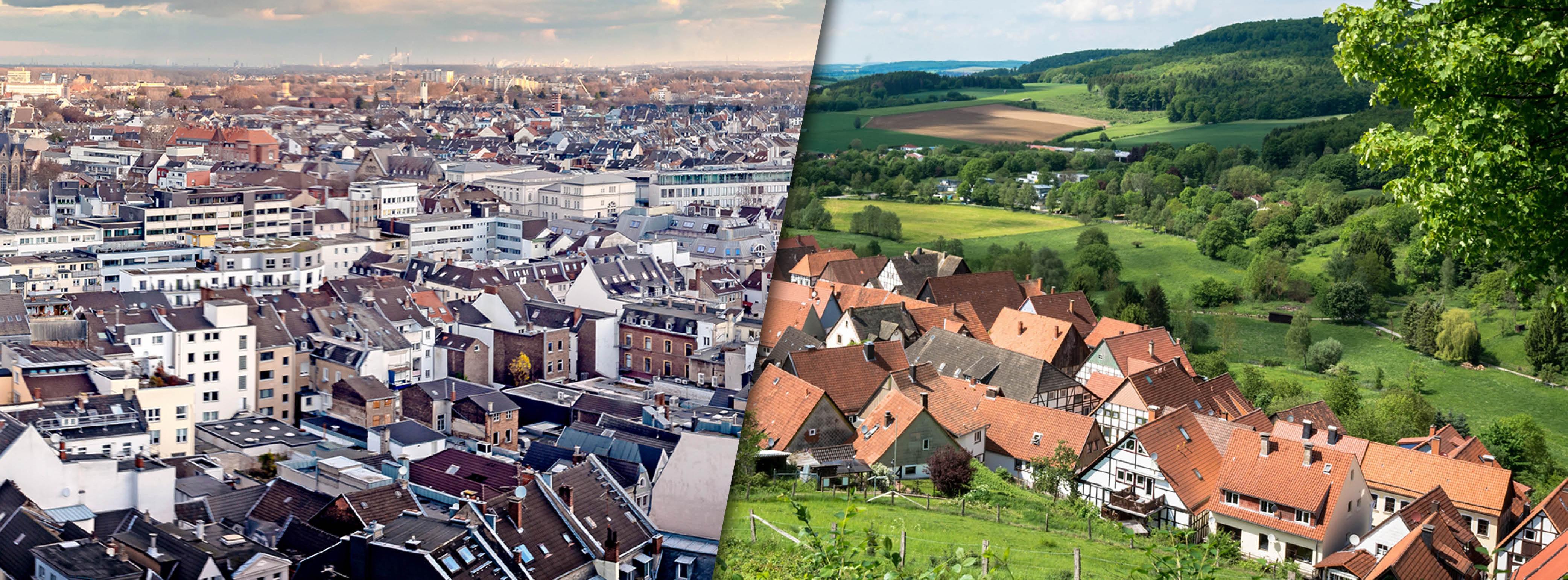 Ein zweigeteiltes Bild. Auf der linken Seite ist eine dicht bebaute Großstadt von oben zu sehen, auf der rechten Seite ein von Feldern und Wäldern umgebenes ländlich gelegenes Dorf.