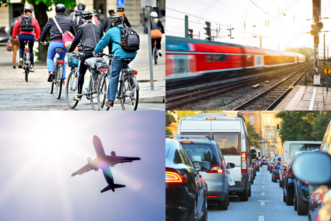 Bildcollage mit Fahrädern, einem Personenzug, einem Flugzeug und Pkw im Stau