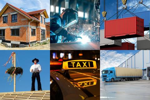 Collage Haus im Rohbau, Schweißer bei der Arbeit, Container am Kran, Dachdecker, Taxi, Lkw