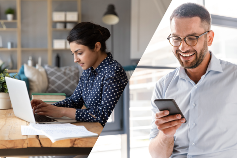 Collage: links Frau am Laptop, rechts Mann mit Smartphone