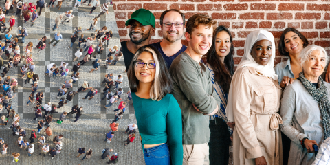 Collage: links Menschen auf einem Platz, rechts Menschen verschiedenen Alters 