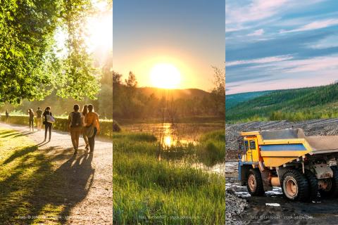 Collage: links Menschen im Park, Mitte: Moorfläche bei Sonnenaufgang, rechts: Schwerlasttransporter im Tagebau