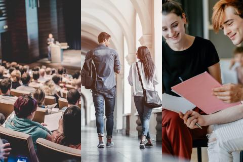 Dreigeteiltes Bild: Studierende im Hörsaal, Studierende gehen durch eine Universität, Studierende schauen sich Dokumente an,