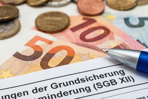 Euro-Scheine, Münzen, Antrag auf Grundsicherung und Kugelschreiber