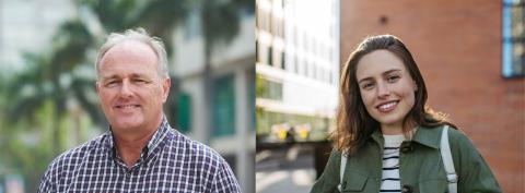 Collage aus zwei Porträtfotos: ein älterer Mann und eine junge Frau