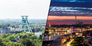 Das linke Bild zeigt den Blick auf den Bochumer Förderturm. Das rechte Bild zeigt den Phoenix-See in Dortmund bei Abenddämmerung.
