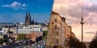 Ein zweigeteiltes Bild. Auf der linken Seite sind der Kölner Dom und umliegende Gebäude zu sehen. Auf der rechten Seite ist der Berliner Fernsehturm zu sehen.