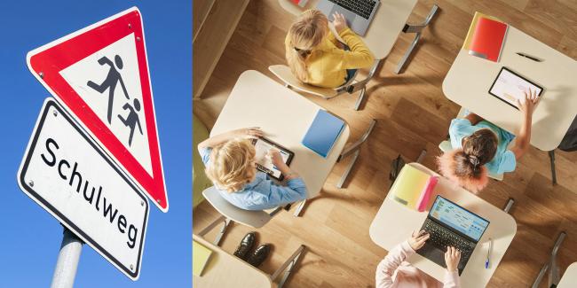 Collage: links Straßenschild Schule, rechts Kinder an Laptops und Tablets an Schulpulten 