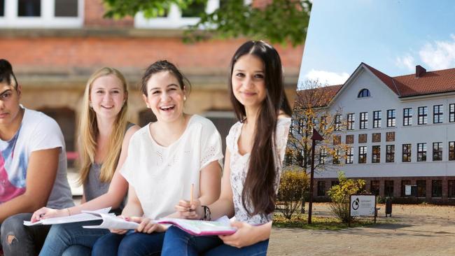 links: Schülerinnen und Schüler, rechts: ein Schulgebäude