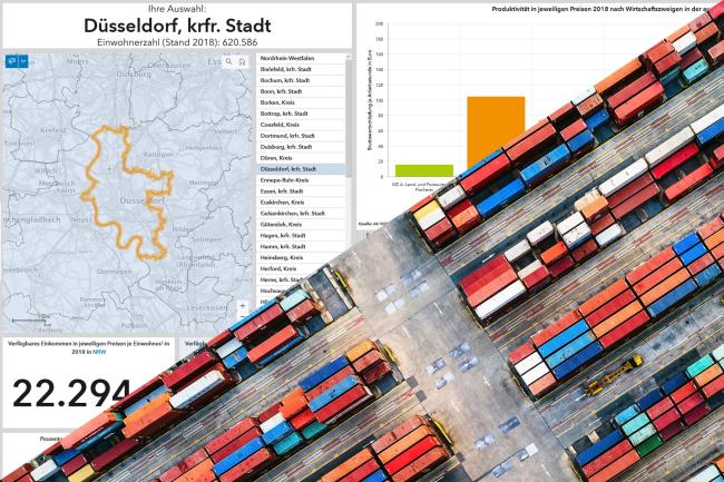 Geteiltes Bild: Ansicht des Dashboards und Transport-Container aus der Vogelperspektive