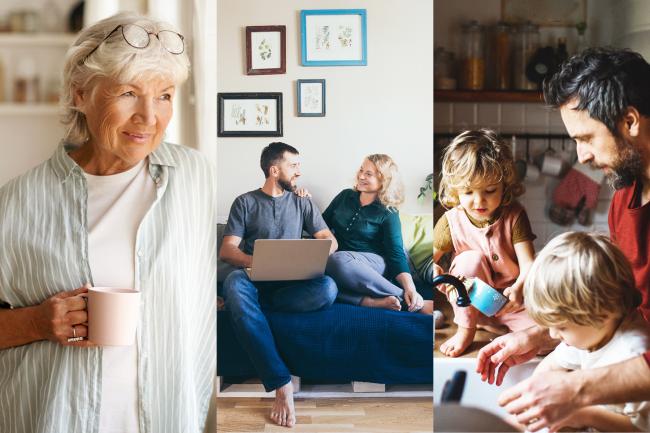 Collage - links: ältere Frau, Mitte: junges Paar, rechts: Mann mit Kindern 