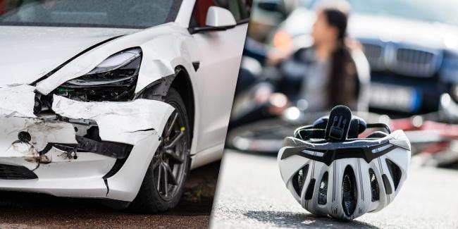 Geteiltes Bild, links ein beschädigter Pkw nach einem Unfall, rechts eine Fahrrad-Unfallstelle