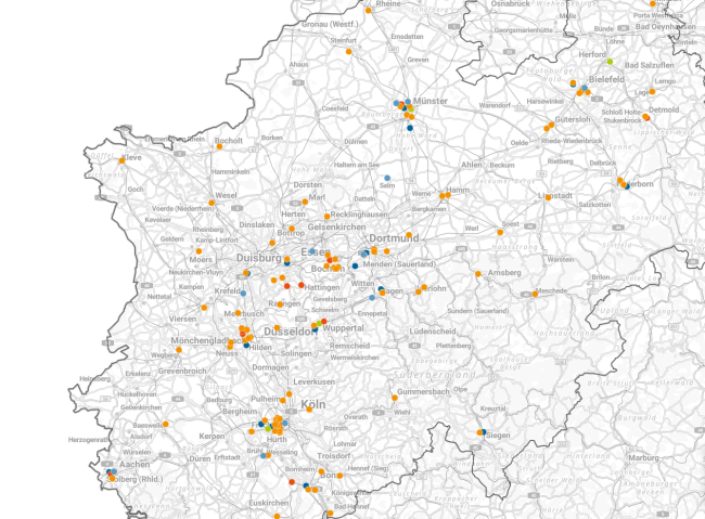 Kartenausschnitt aus dem Dashboard Hochschulen NRW