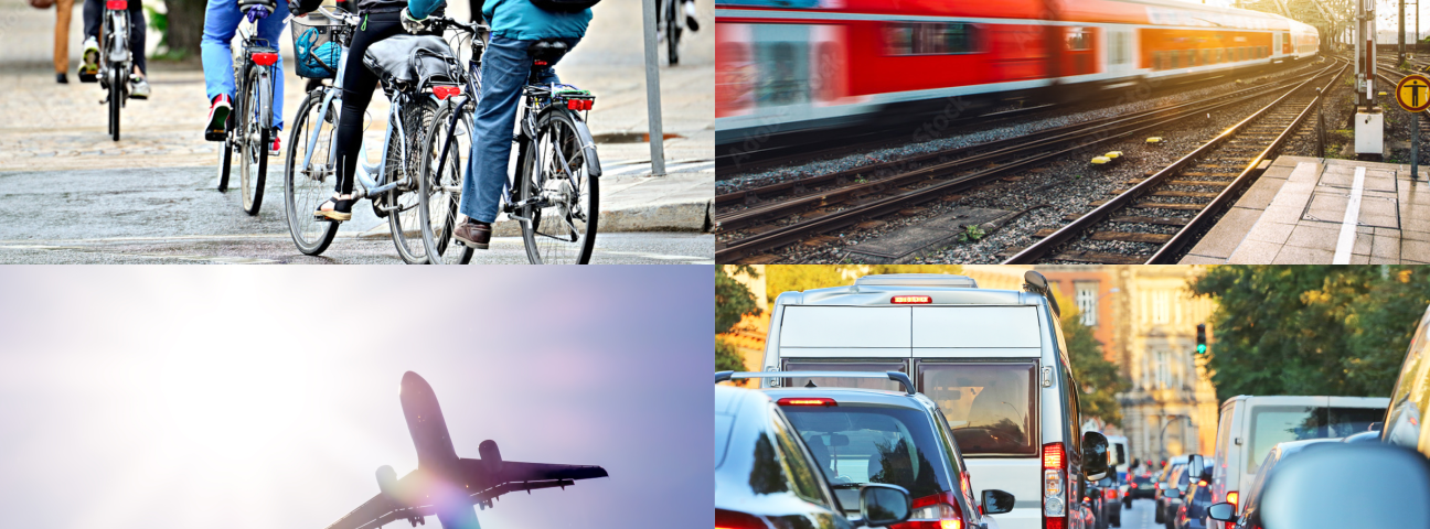 Bildcollage mit Fahrädern, einem Personenzug, einem Flugzeug und Pkw im Stau