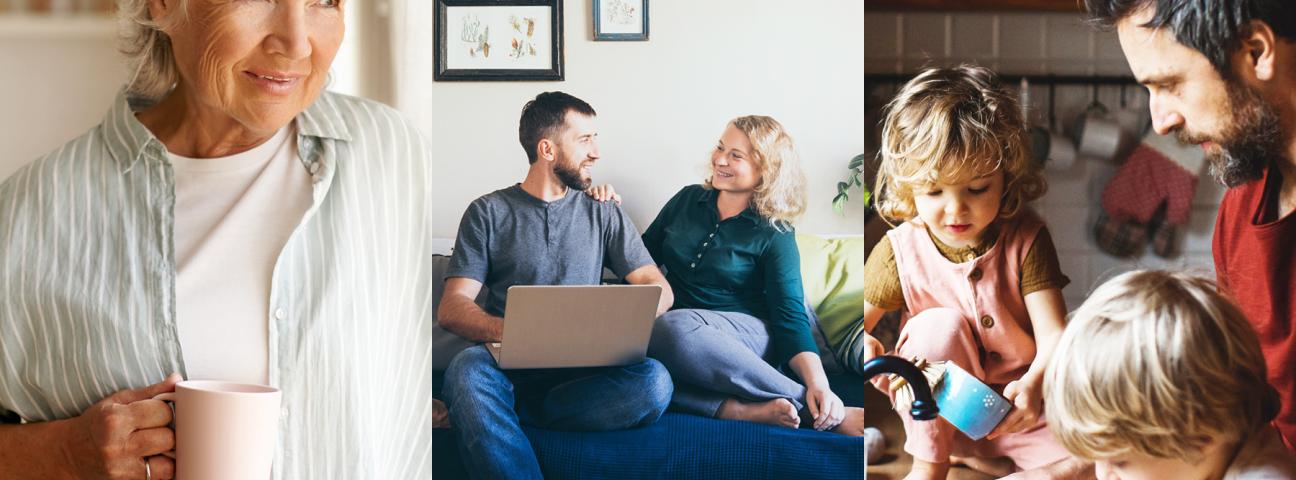 Collage - links: ältere Frau, Mitte: junges Paar, rechts: Mann mit Kindern