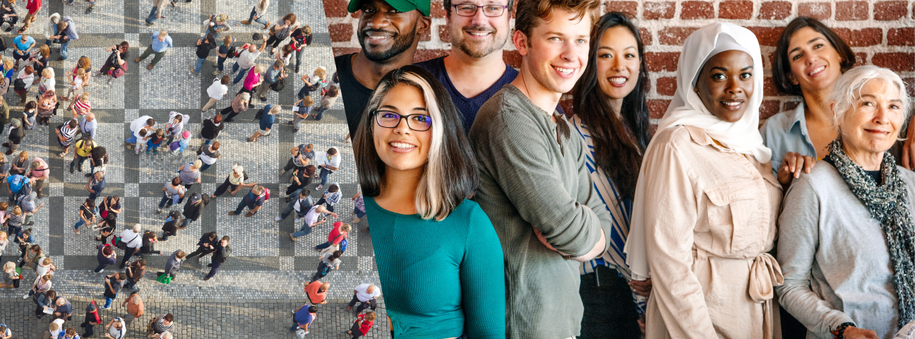 Collage: links Menschen auf einem Platz, rechts Menschen verschiedenen Alters