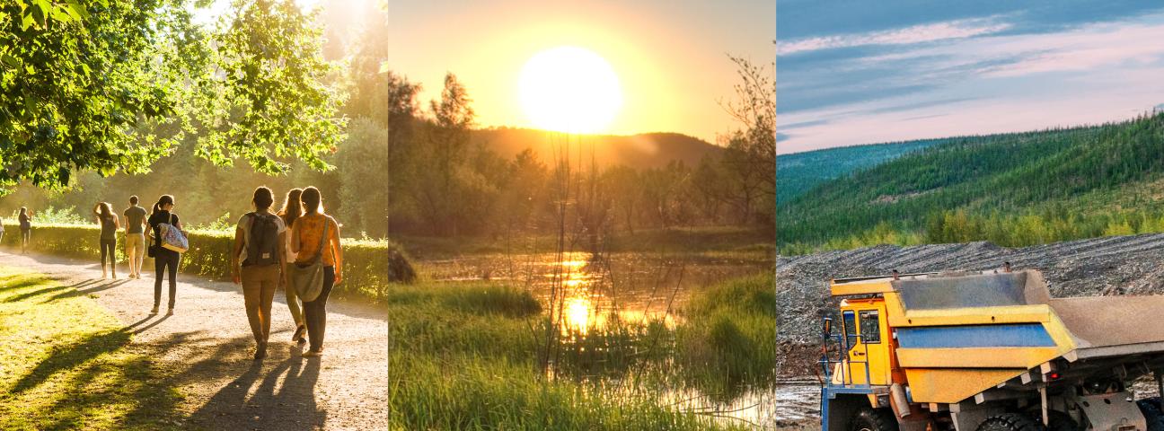 Collage: links Menschen im Park, Mitte: Moorfläche bei Sonnenaufgang, rechts: Schwerlasttransporter im Tagebau