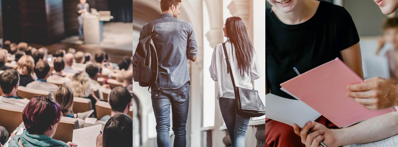 Dreigeteiltes Bild: Studierende im Hörsaal, Studierende gehen durch eine Universität, Studierende schauen sich Dokumente an,