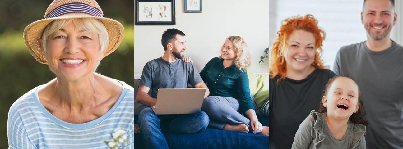 Geteiltes Bild: Ältere Frau mit Hut, junges Paar auf der Couch, junge Familie mit Kind