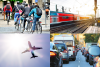 Bildcollage mit Fahrädern, einem Personenzug, einem Flugzeug und Pkw im Stau