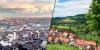 Ein zweigeteiltes Bild. Auf der linken Seite ist eine dicht bebaute Großstadt von oben zu sehen, auf der rechten Seite ein von Feldern und Wäldern umgebenes ländlich gelegenes Dorf.
